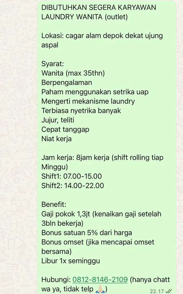 Dibutuhkan Karyawan Laundry WANITA, daerah Depok- Cagar Alam