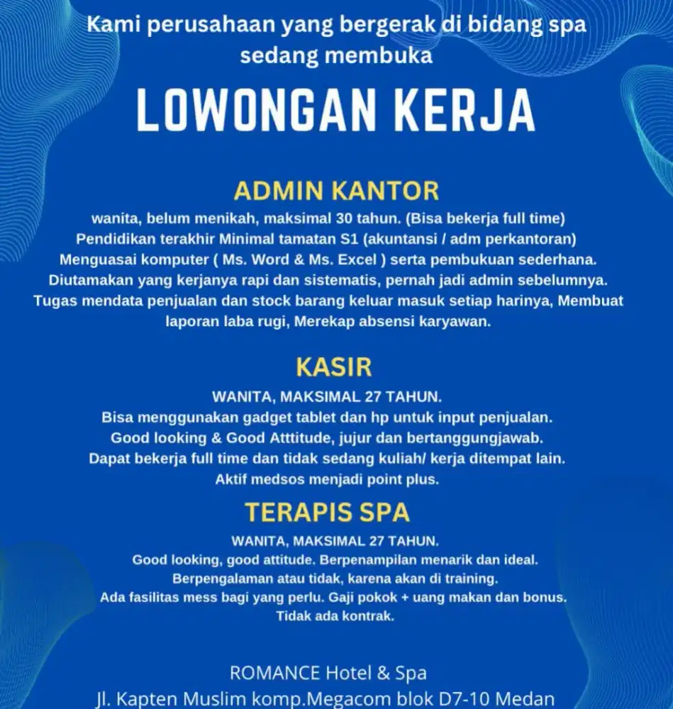 Di butuhkan admin, kasir dan terapis untuk spa di kota medan