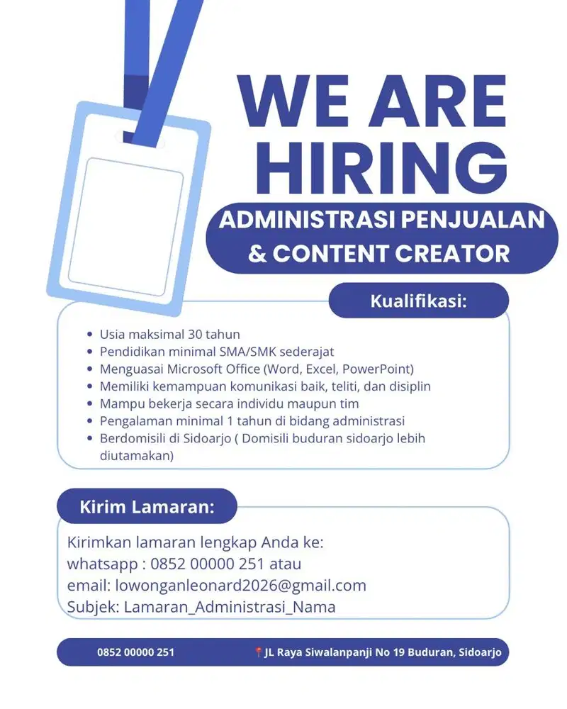 Dibutuhkan segera admin penjualan dan content creator