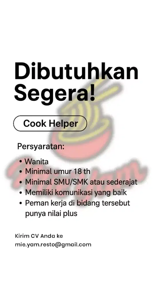 Dicari Cook Helper Wanita di Kembangan Jakarta Barat