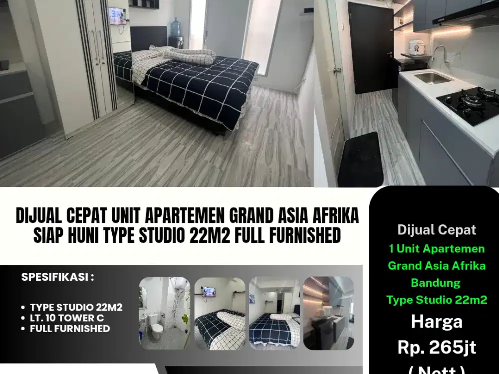 Dijual Cepat Unit Apartemen Grand Asia Afrika
Siap Huni Type Studio 22m2 Full Furnished