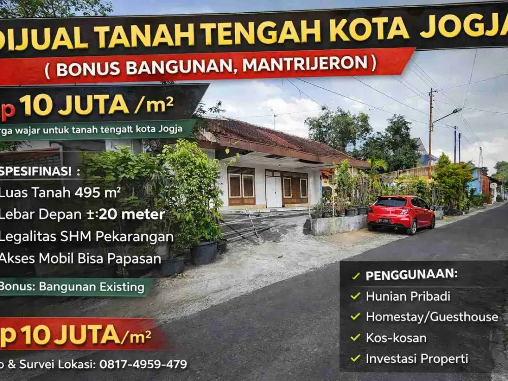 DIJUAL TANAH TENGAH KOTA JOGJA – BONUS BANGUNAN, MANTRIJERON