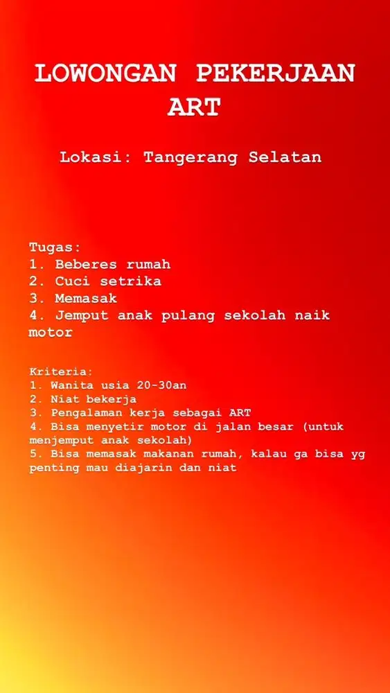 Lowongan ART di Tangerang Selatan