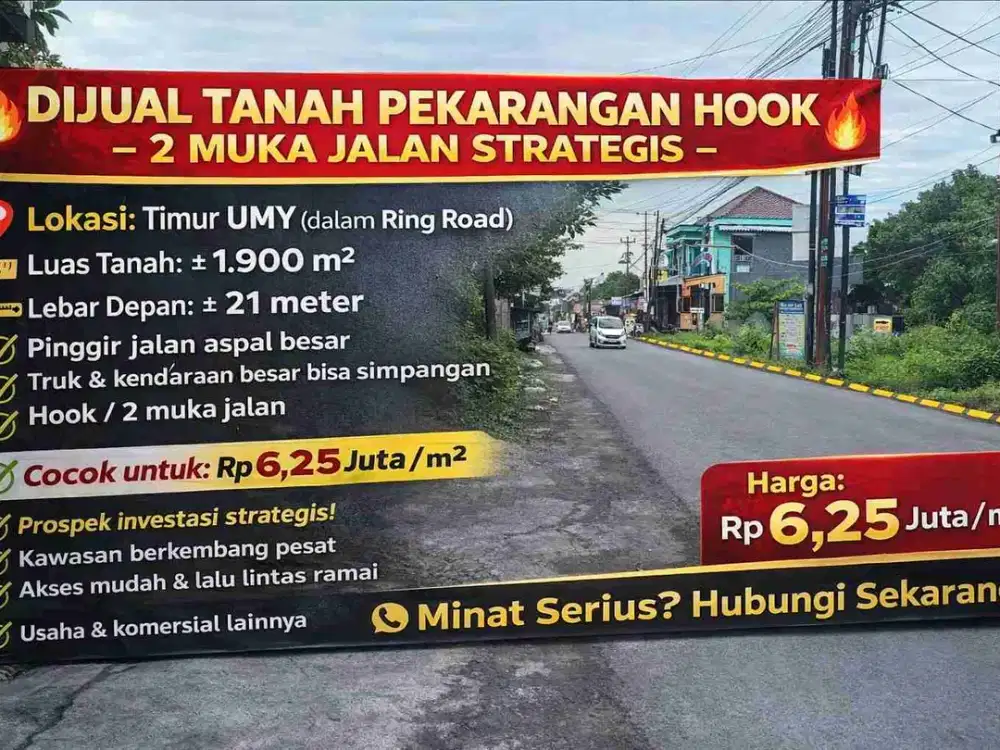 Tanah Pekarangan HOOK 2 Muka Jalan – Timur UMY, Ring Road