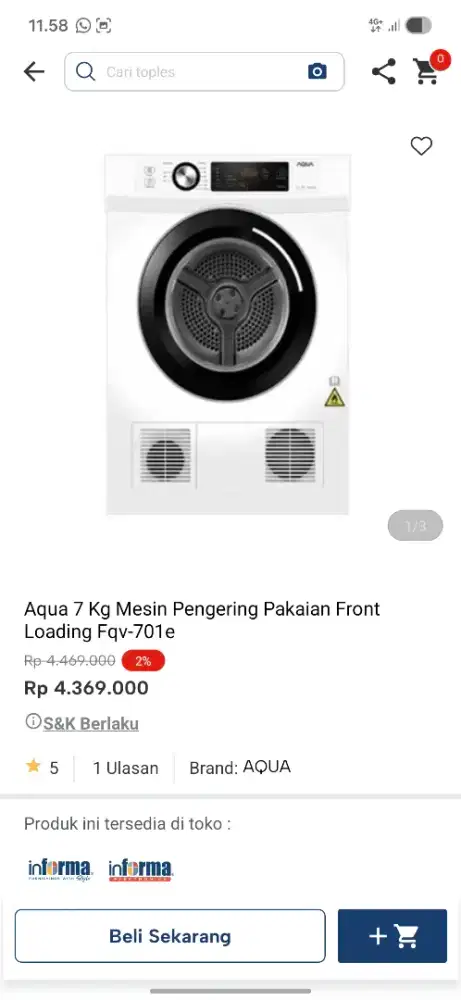 Ready stok dryer aqua kapasitas 7kg