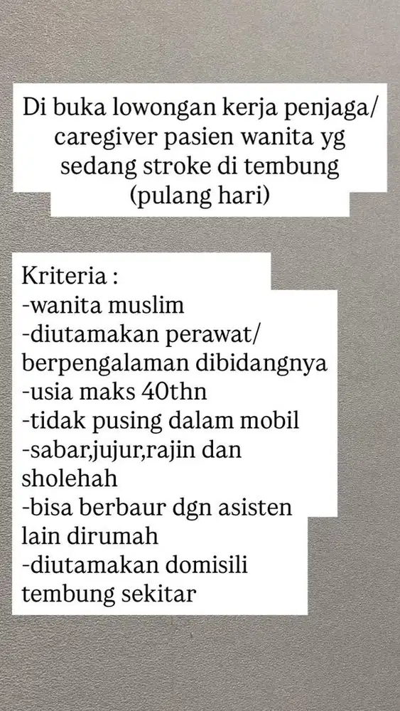 Dicari dan dibutukan art dan caregiver