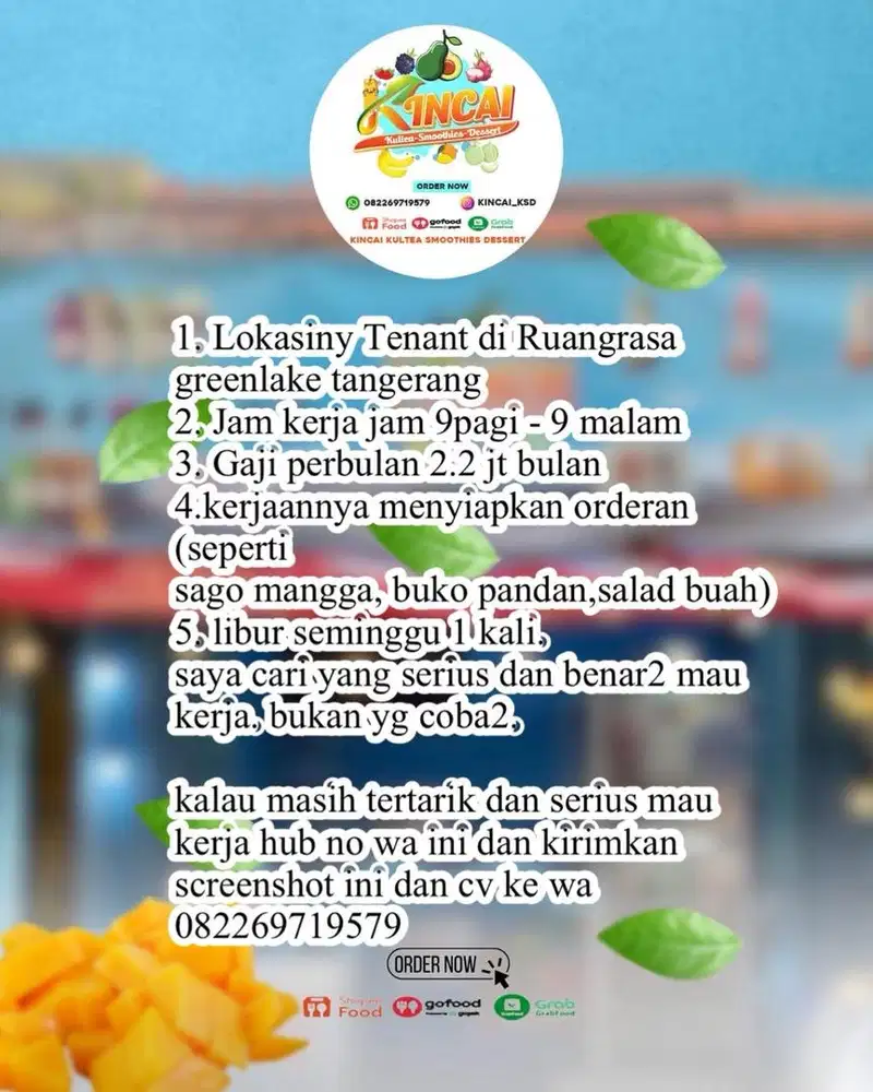 Lowongan kerja kasir/ jaga Tenant khusus wanita