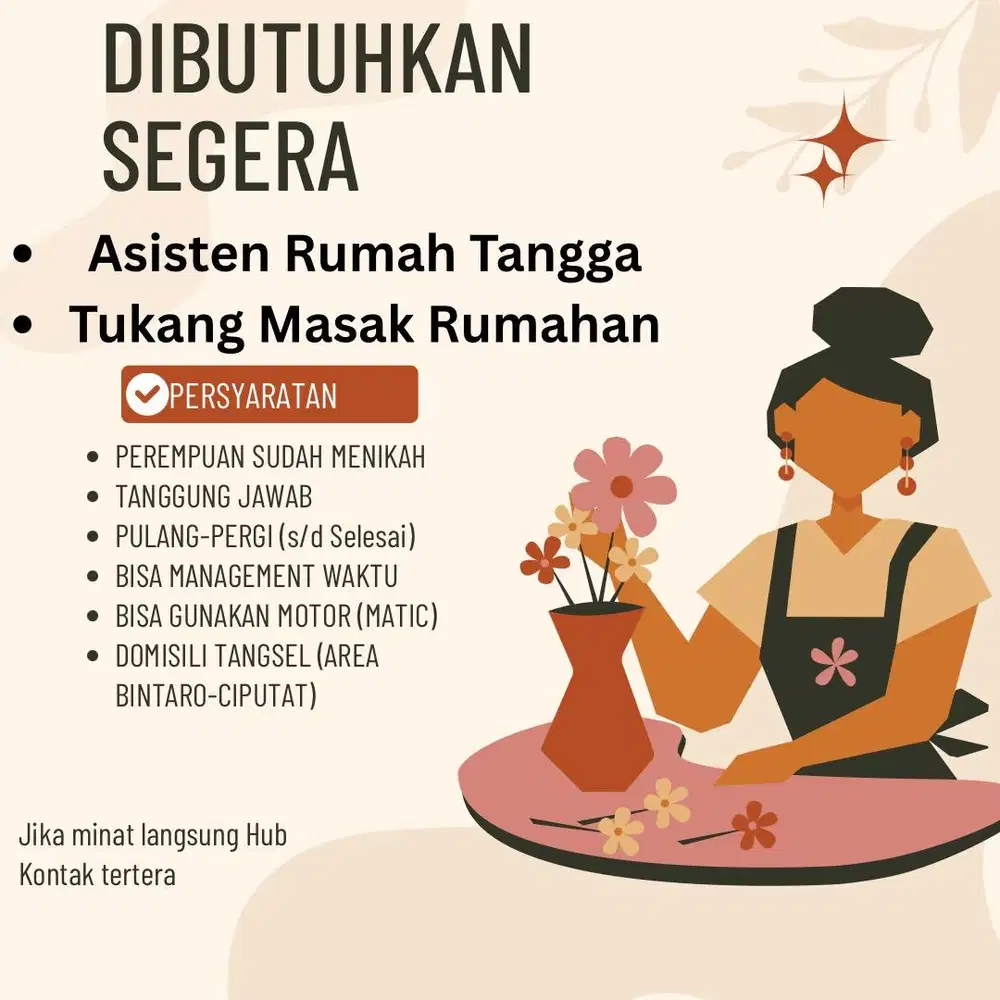 DICARI ART DAN TUKANG MASAK PULANG PERGI