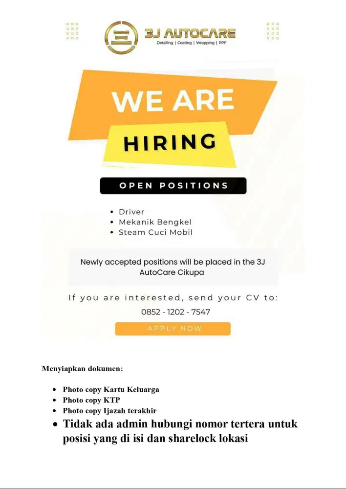 Lowongan pekerjaan untuk driver, steam cuci mobil, mekanik mesin mobil