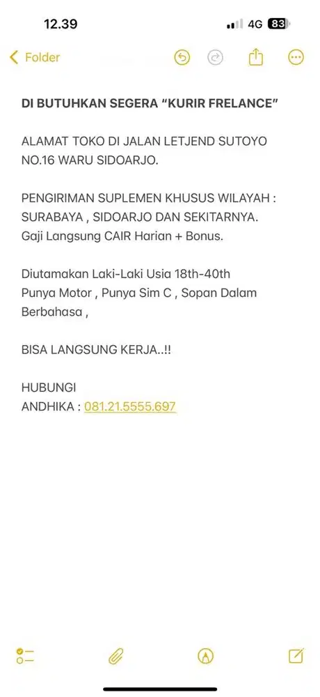 DIBUTUHKAN SEGERA KURIR FREELANCE LANGSUNG KERJA LANGSUNG GAJIAN