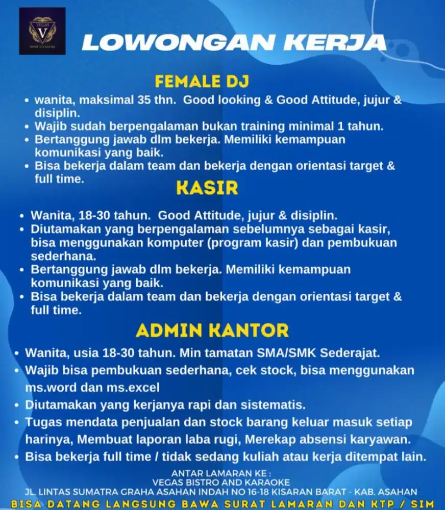 Dibutuhkan admin / stokist kantor, kasir dan female dj untuk ktv /club