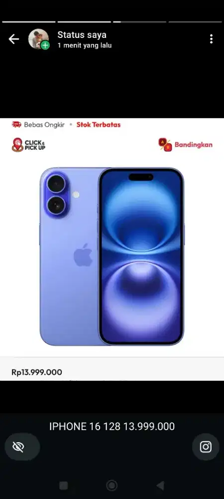 IPHONE 16 128 ultramine ready erafone sudirman palembang samping kfc