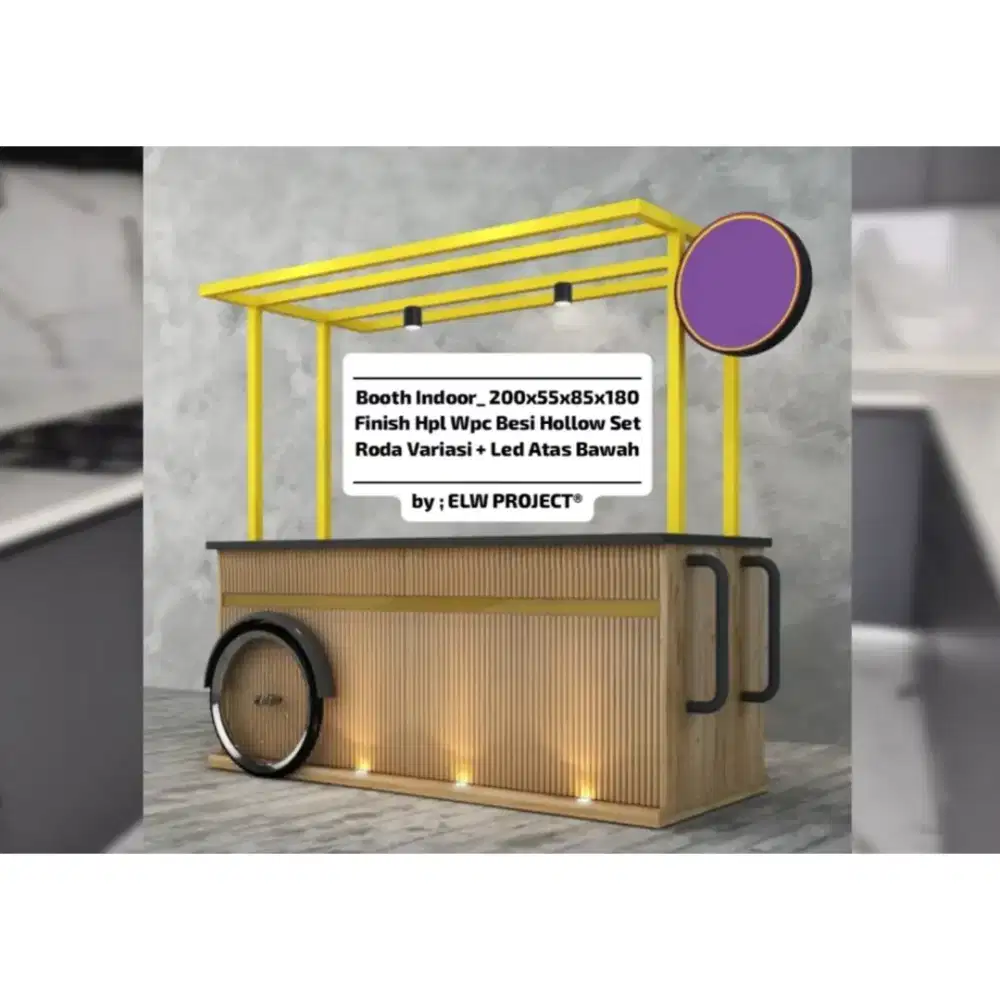 Perlengkapan usaha booth interior meja kursi set rak display meja bar
