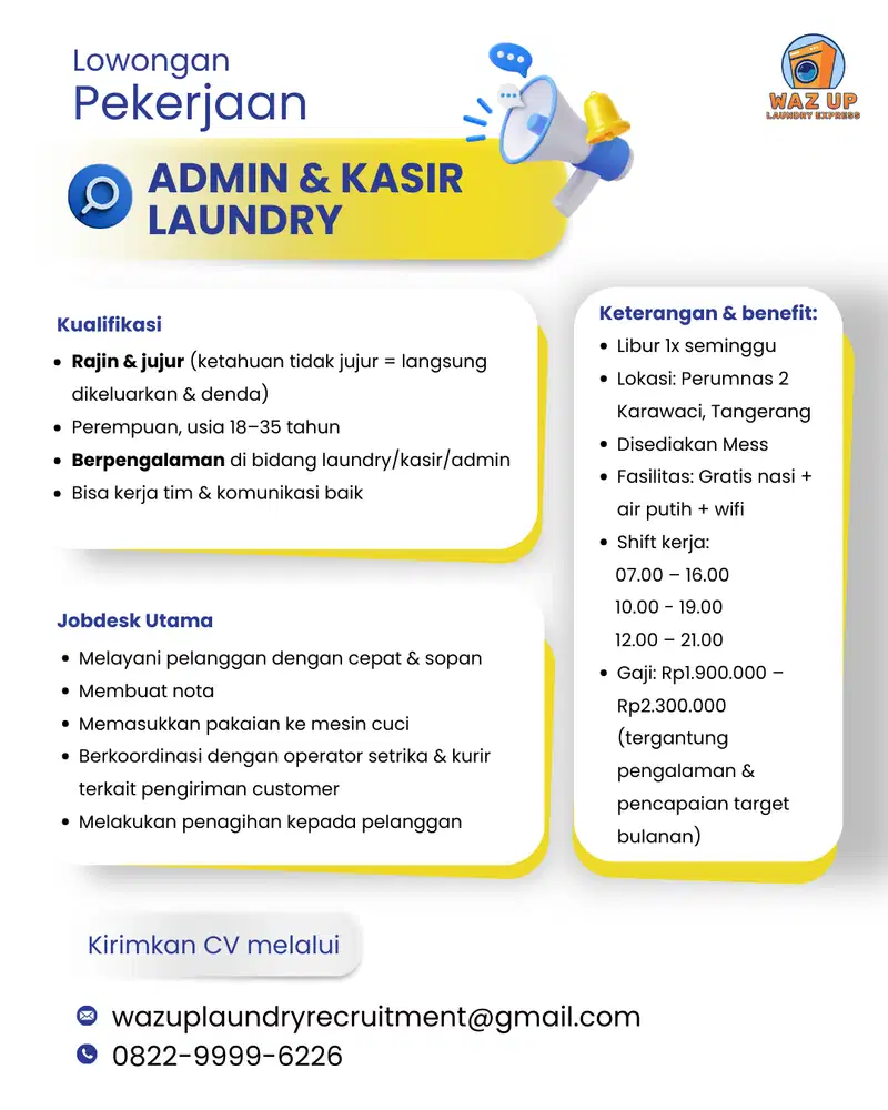 LOWONGAN KERJA LAUNDRY ADMIN & SETRIKA