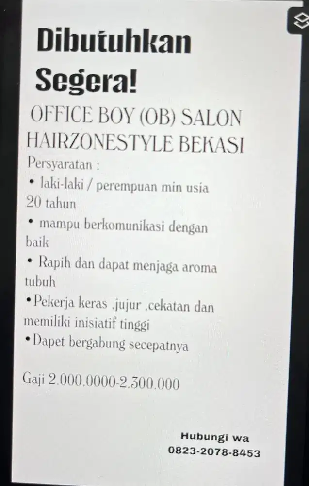 Lowongan office boy salon