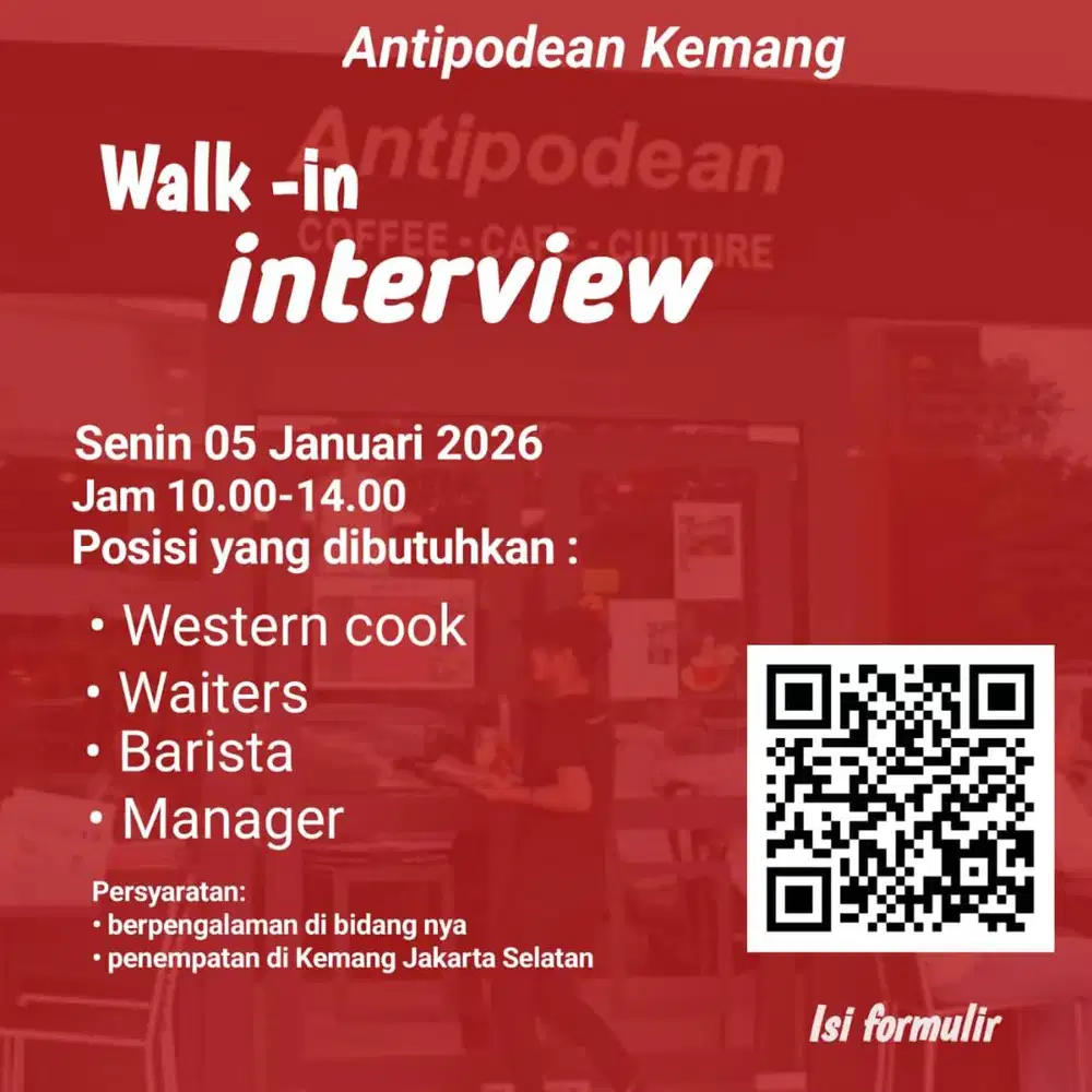 dibutuhkan cook westen,waiters,barista,manager