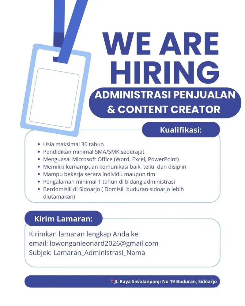 Lowongan pekerjaan admin penjualan dan content creator