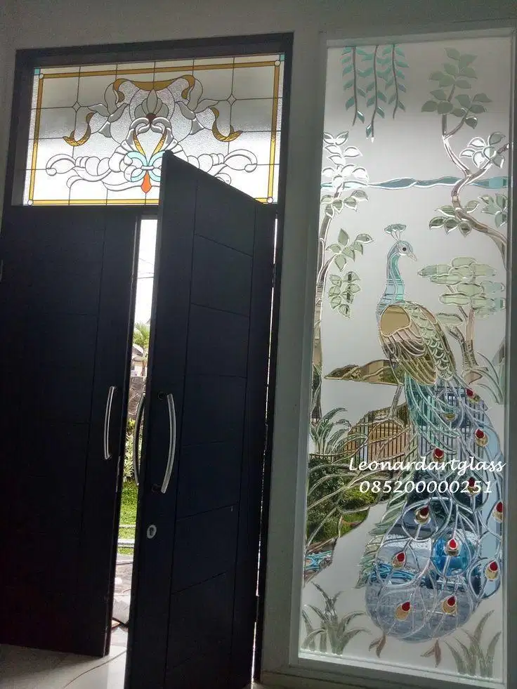 Stained glass (kaca patri), inlay,bevel dan polin , kusen aluminium