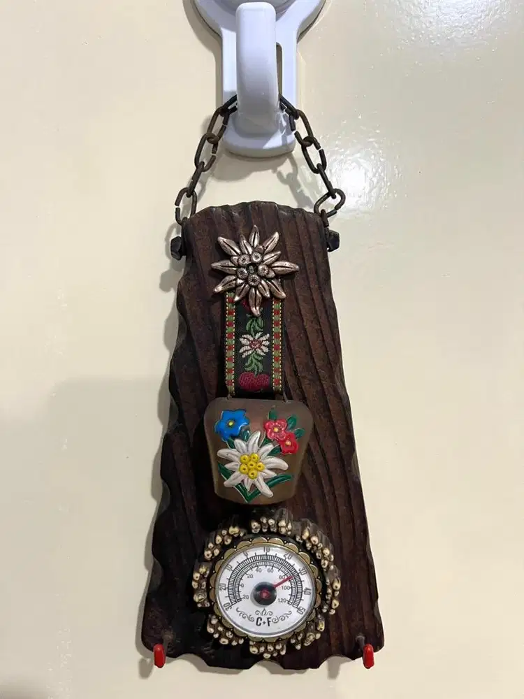 Vintage Swiss Thermometer Key Holder Wood & Bell