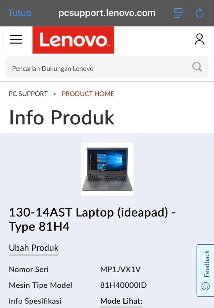 Lenovo Ideapad 130 dengan spesifikasi AMD A4, RAM 4 GB, dan HDD 500 GB