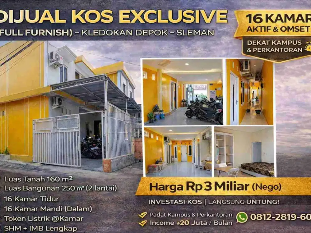 DIJUAL KOS EXCLUSIVE 16 KAMAR – KLEDOKAN DEPOK – FULL FURNISH