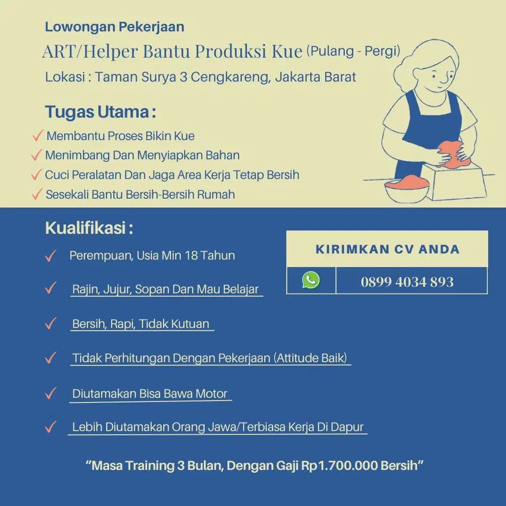 Dibutuhkan ART Helper Bantu Bikin Kue & Beberes Rumah