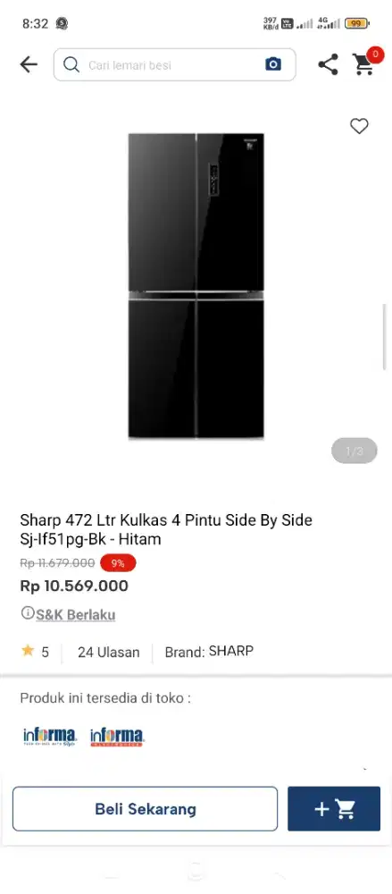 Kulkas merek kels 4 pintu cicilan tanpa DP pakai indodana paylater