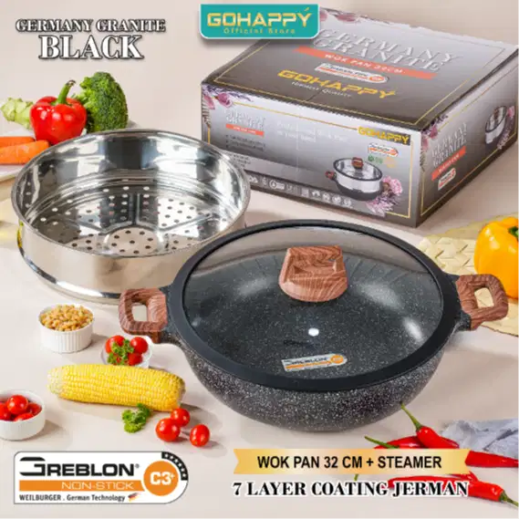 Wok pan gohappy germany 32cm granit diecast anti lengket