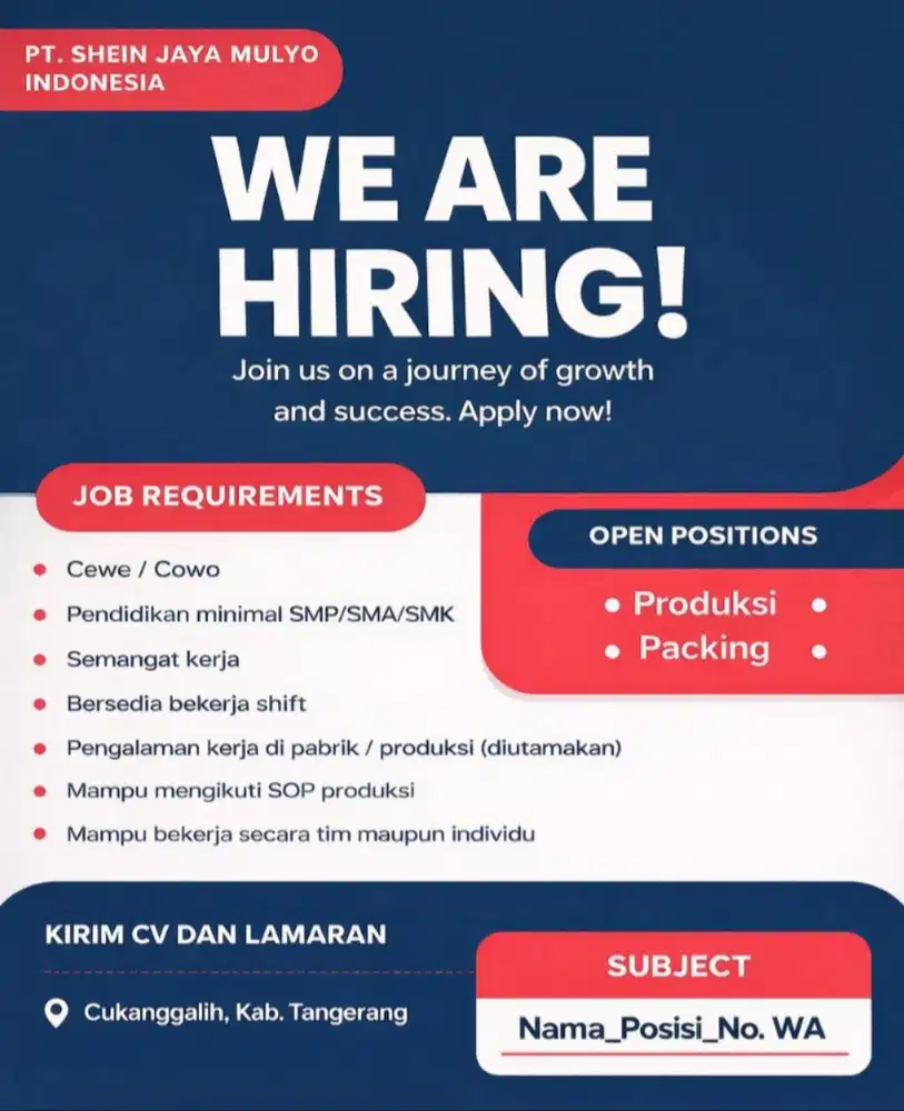 DIBUTUHKAN SEGERA OPERATOR PRODUKSI DAN PACKING