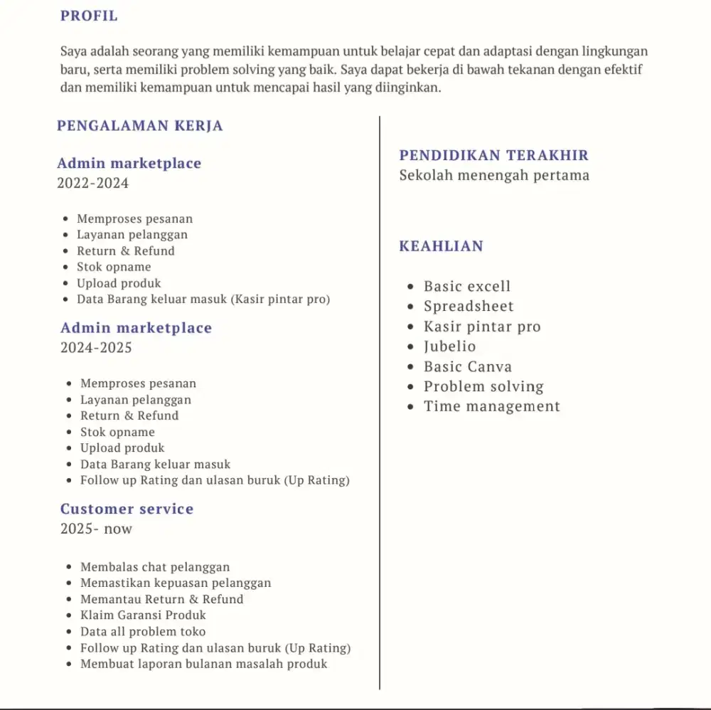 Cari kerja admin/Cs dll