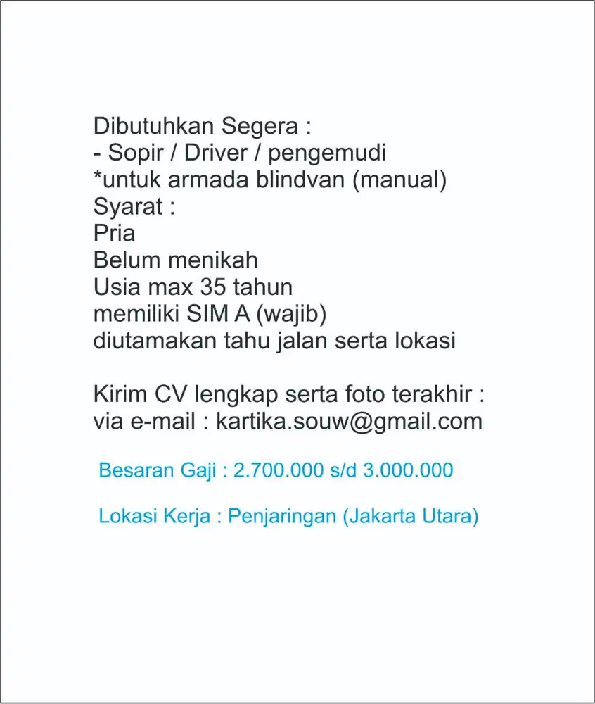 lowongan pengemudi / driver
