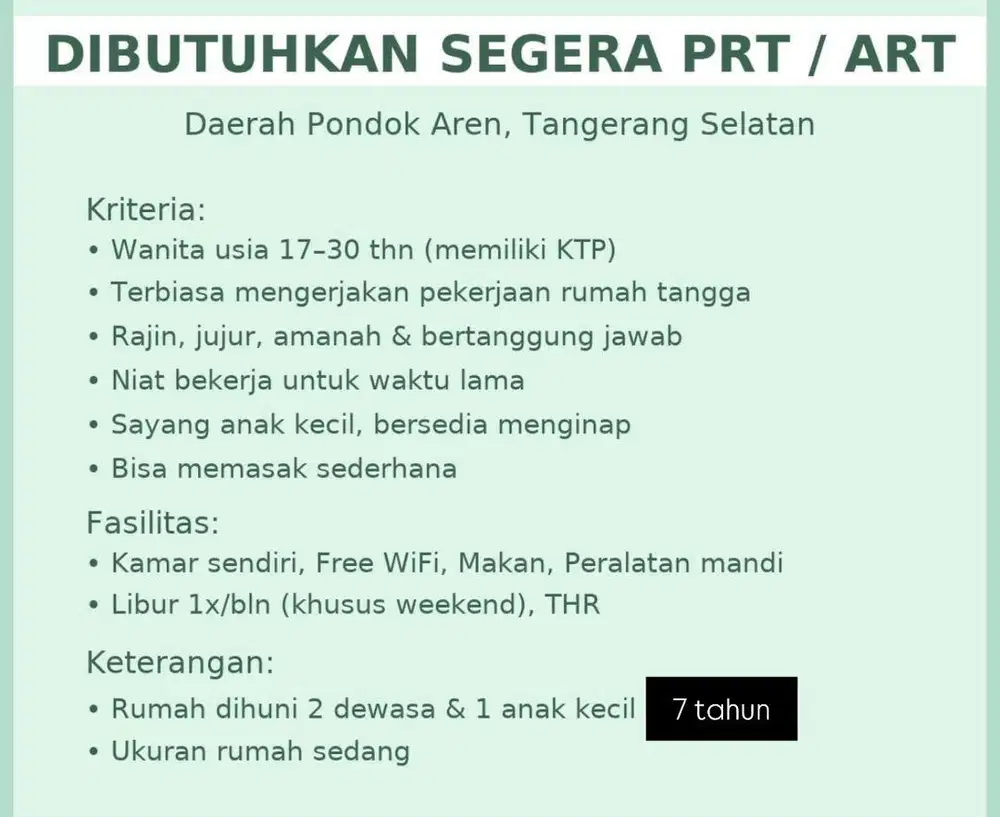 Dicari ART MENGINAP SERIUS MAU KERJA