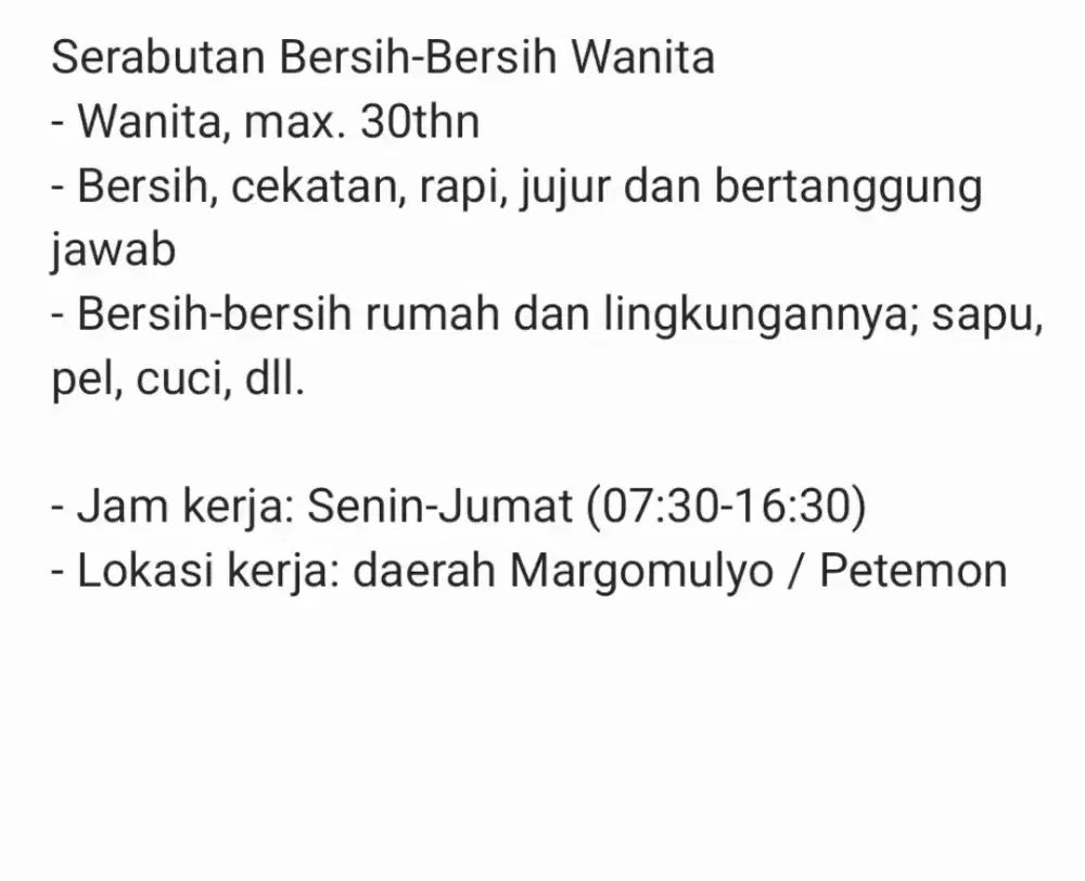Serabutan Bersih-Bersih Wanita Harian
