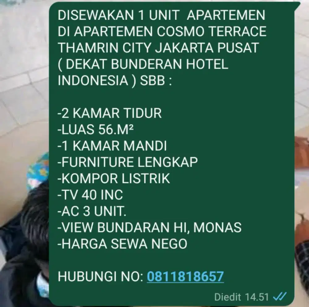 DISEWAKAN 1 UNIT APARTEMEN