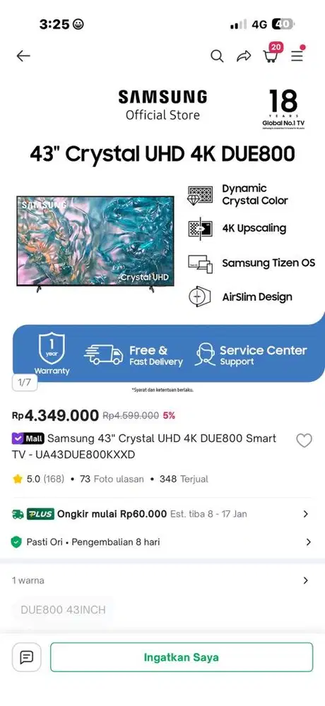 Samsung 43” Crystal UHD 4K DUE800 Smart TV – Tizen OS | Like New