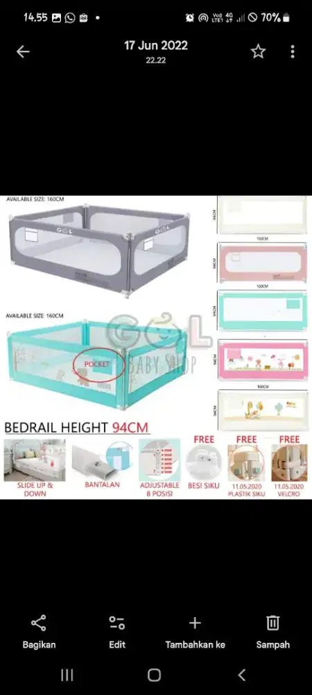 JUAL MURAH - Bedrail GOL UK 160 CM DAN 200 CM Tinggi 94 cm Warna Cream