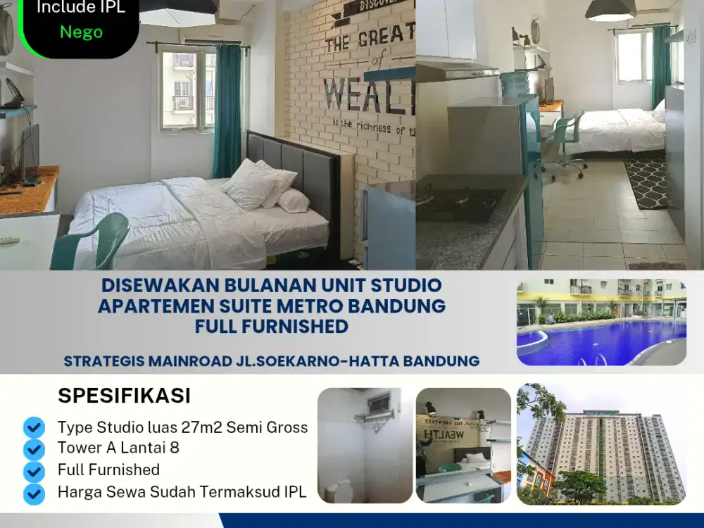 Disewakan bulanan unit studio
apartemen Suite Metro Bandung
full furnished

Strategis mainroad jl.Soekarno-hatta Bandung.