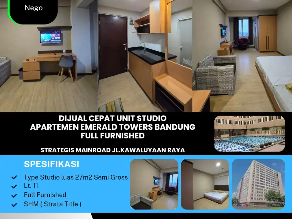 Dijual Cepat Unit Studio
Apartemen Emerald Towers Bandung
Full Furnished.

Strategis Mainroad Jl. Kawaluyaan Raya
