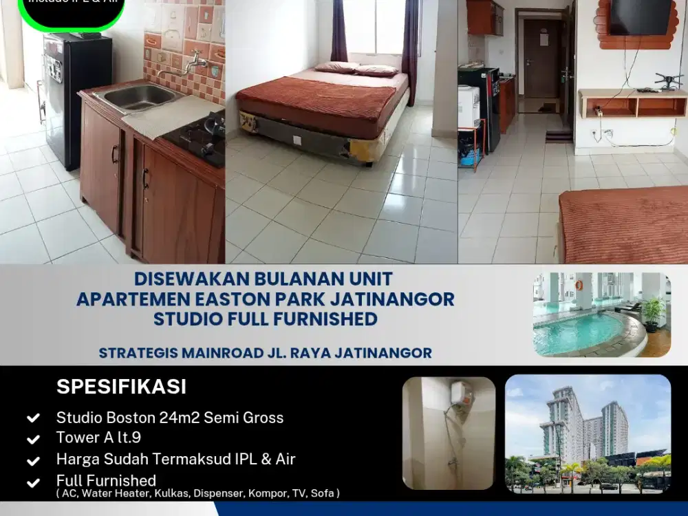 Disewakan Bulanan Unit 
Apartemen Easton Park Jatinangor
Studio Full Furnished 

Lokasi Apartemen Di Mainroad Jl. Raya Jatinangor