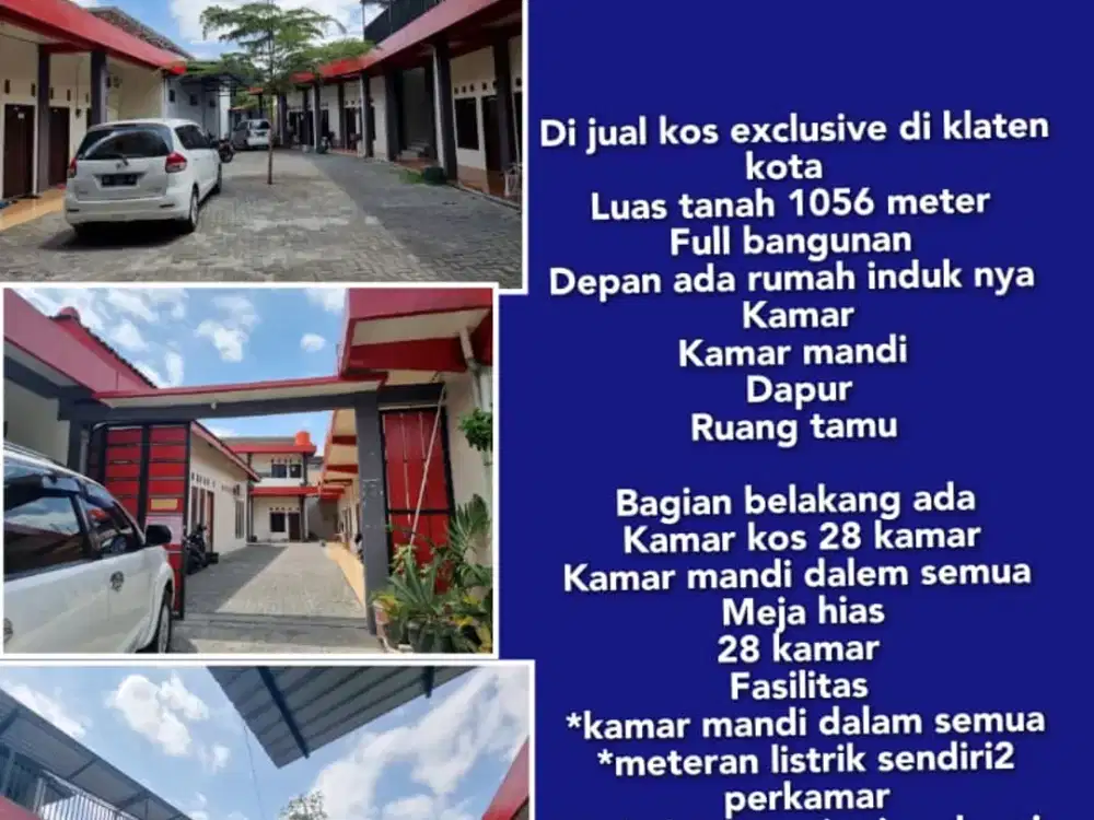 dijual murah kos2 an dan rumah induk 31 kamar , klaten kota shm imb 1056 meter