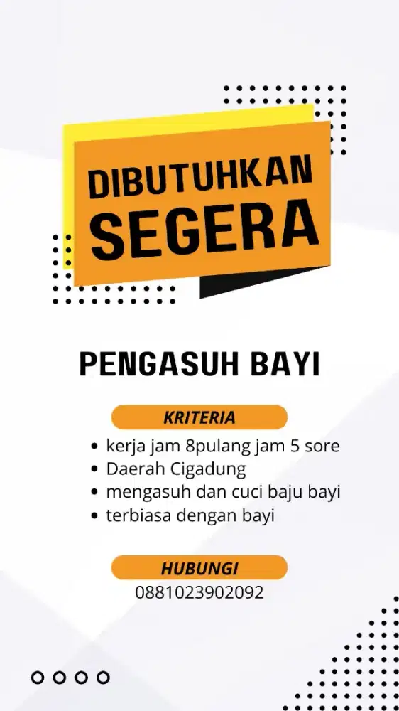 Dicari pengasuh bayi pulang pergi
