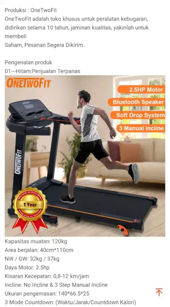 Onetwofit treadmill listrik/LCD monitor