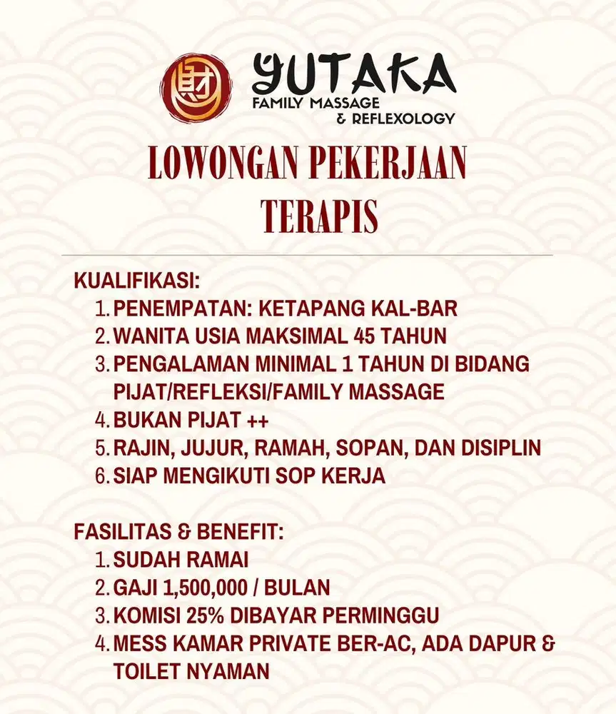 Dicari Terapis Wanita Berpengalaman