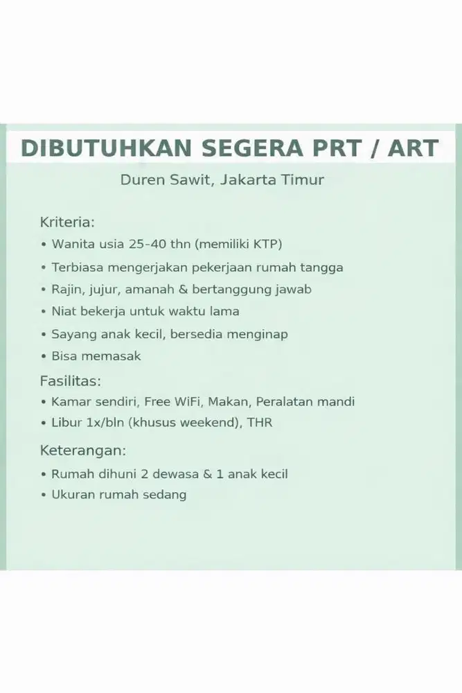 Dibutuhkan ART Menginap (Cuci, setrika, Beberes, Masak)