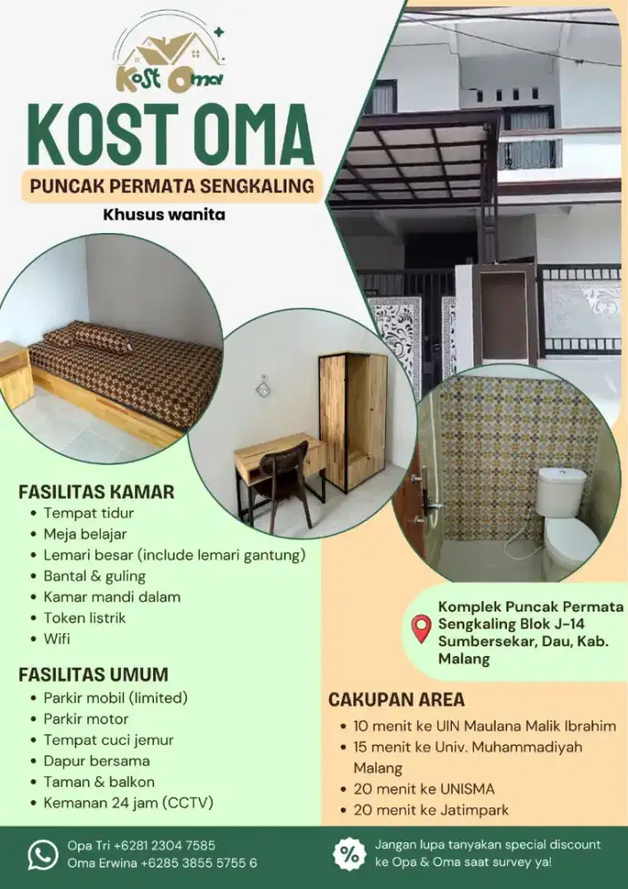 PROMO OPENING : Oma Kost Puncak Permata Sengkaling J-14 Khusus Wanita