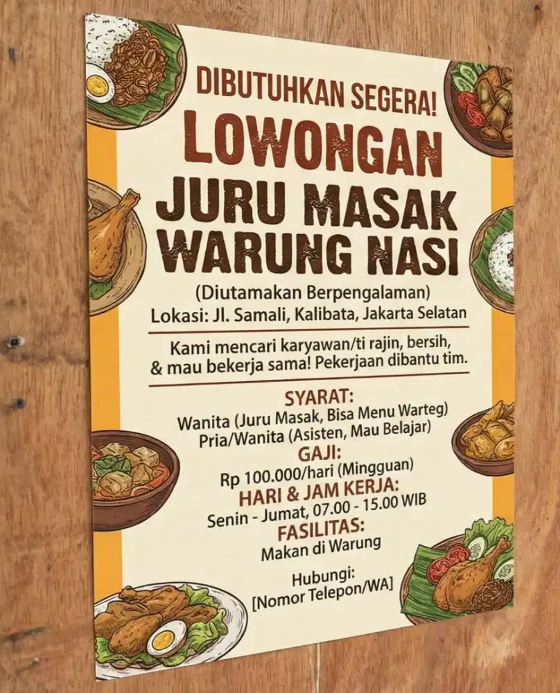 DIBUTUHKAN SEGERA ! Juru masak warung nasi