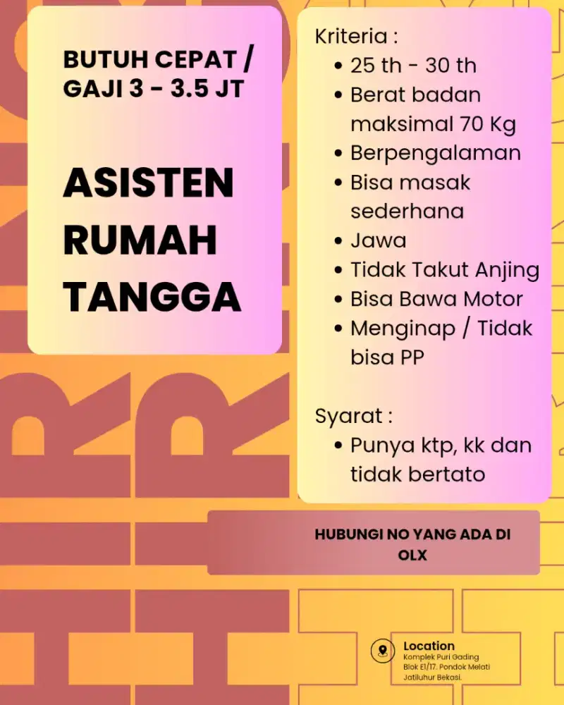 Butuh Cepat ART / Lowongan ART Penempatan di Jakarta