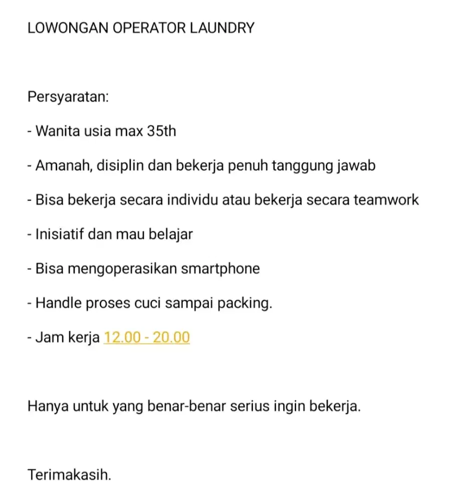 Lowongan Kerja Operator Laundry