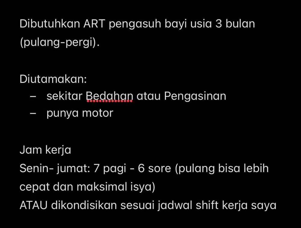 DIBUTUHKAN ART MOMONG BAYI PULANG PERGI / PP