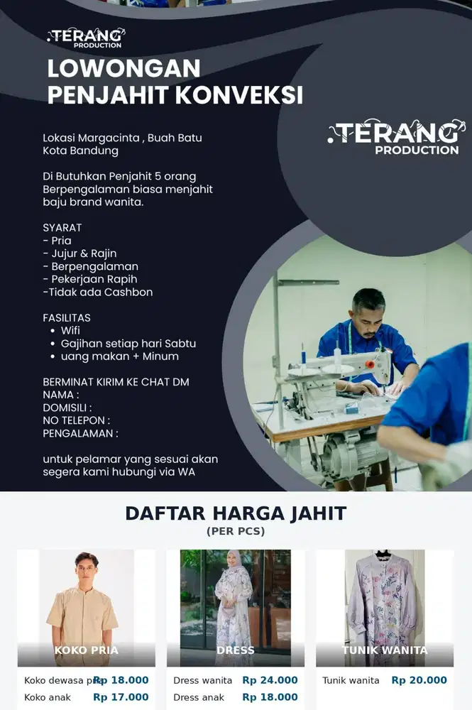 CARI PENJAHIT RAPIHAN SISTEM BORONGAN MARGACINTA BANDUNG